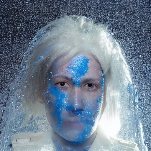 Prompt: futuristic female soldier eyes closed partly submerged in highly viscous clear fluid, frost particles, ice needles, cold blue light, complex hyperdetailed technical suit. white hair flowing. reflection. rays and dispersion of light. volumetric light. 5 0 mm, f / 3 2. noise film photo. ultra realistic, wide angle. rudolf herczog