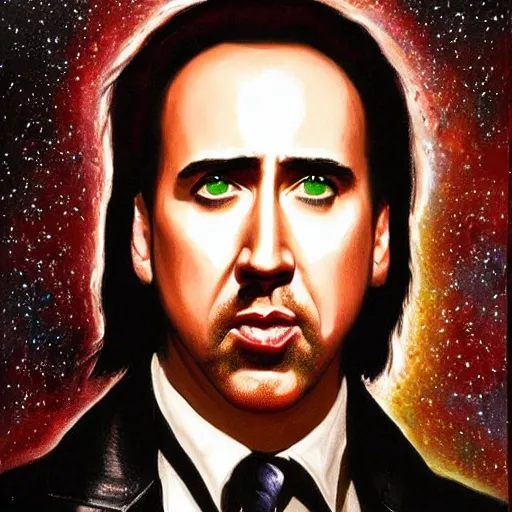 Image similar to nicholas cage amazed expression, cosmic starfield background oil painting masterwork trending on artstation