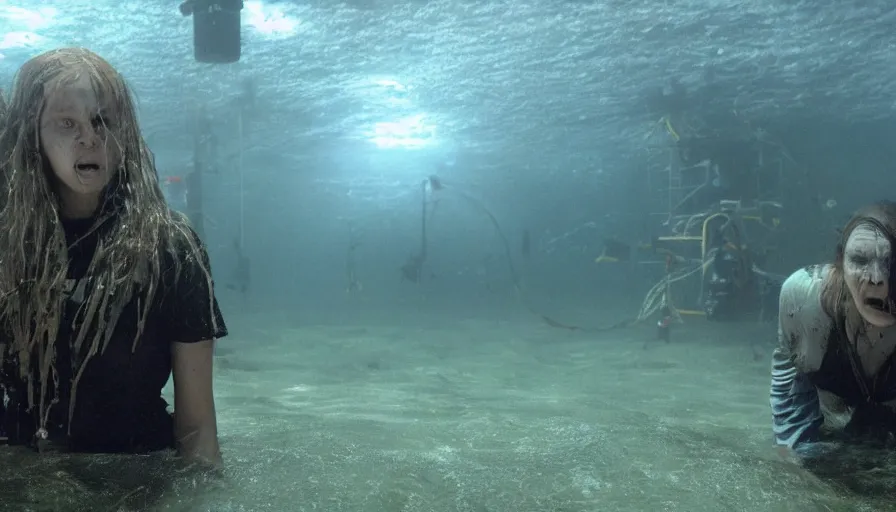 Image similar to Big budget horror movie, outside an undersea science building deep under water