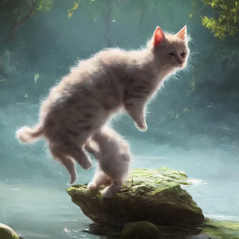 Image similar to a painting of a cute kitten at a river. character design by cory loftis, fenghua zhong, ryohei hase, ismail inceoglu and ruan jia. volumetric light, detailed, rendered in octane