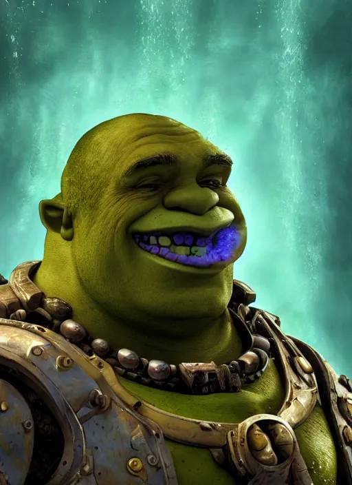 Image similar to underwater portrait of shrek as the space marine, apocalypse, naturel, hyper detailed, digital art, trending in artstation, cinematic lighting, studio quality, smooth render, unreal engine 5 rendered, octane rendered, art style by klimt and nixeu and ian sprigger and wlop and krenz cushart.