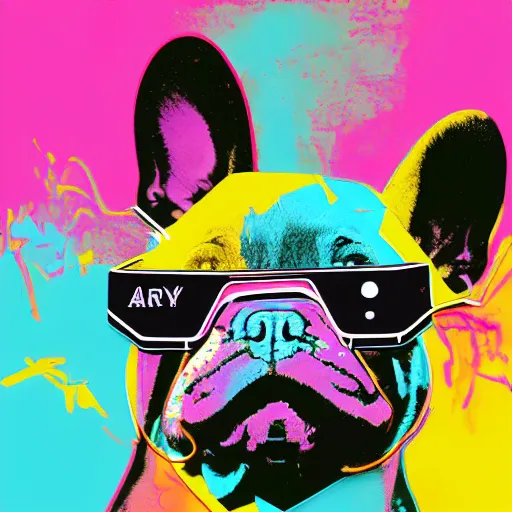 Prompt: illustration of cyberpunk french bulldog in vr helmet, colorful splatters, by andy warhol and by zac retz and by kezie demessance