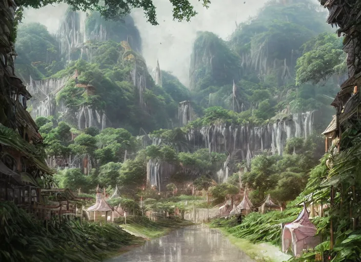 Prompt: Lush fruit farms outside a beautiful elven city made of white marble, anime, lush trees, a fantasy digital painting by Greg Rutkowski and James Gurney, trending on Artstation, highly detailed