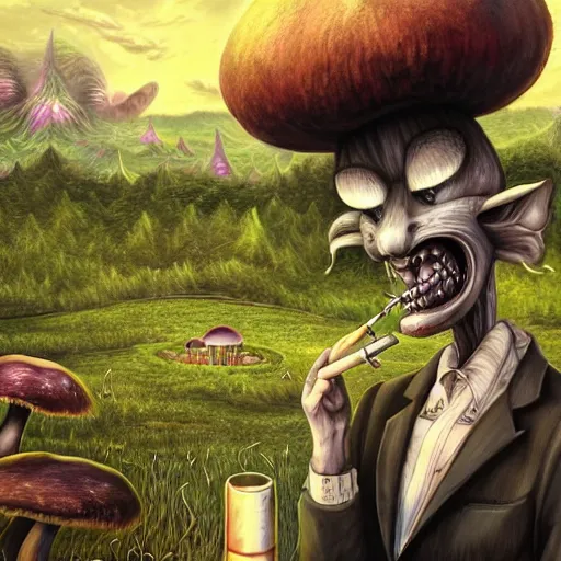 Image similar to 4 k headshot portrait of a psychedelic demonic anthropomorphic wendigo smoking a hand - rolled cigarette smoking heavily, magic mushroom village in background. award winning. superb resolution. in the art style of junji ito and greg rutkowski. detailed mushroom city in background. hyper realistic anime. perfect art. dalle 2