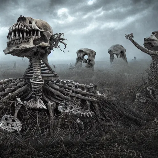 Prompt: A realistic detailed photo of a pile of bones, big skulls, covered sky, piles of bones in the background, skeletons, fog, foggy landscape, light particles, detailed light, realistic shaders, trending on artisation, detailed textures, detailed, realistic.