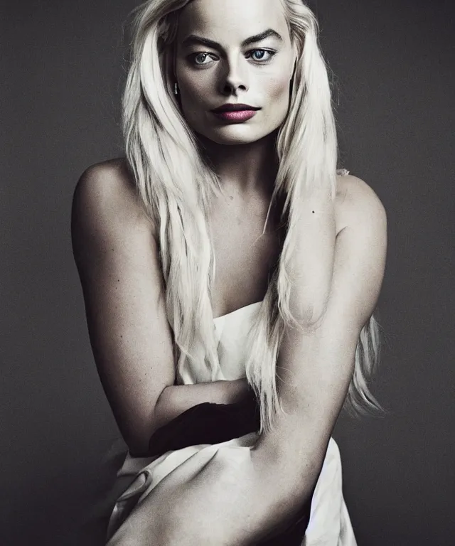 Prompt: a color photograph of margot robbie, by carrie mae weems, platinum blond, intense, bold, exaggerated, ultra sharp, extra details, ultra high quality, trending on pinteresst