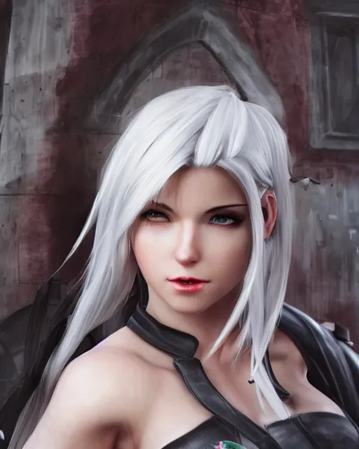 Image similar to tifa lockhart with white hair, beautiful face, garden, utopian city, solarpunk, perfect, attractive, illuminated, ultra realistic, atmosphere, cinematic, artstation, highly detailed