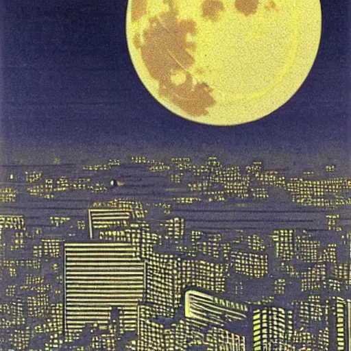 Prompt: full size moon bathing a futuristic Tokyo in light by by Hasui Kawase and Lyonel Feininger