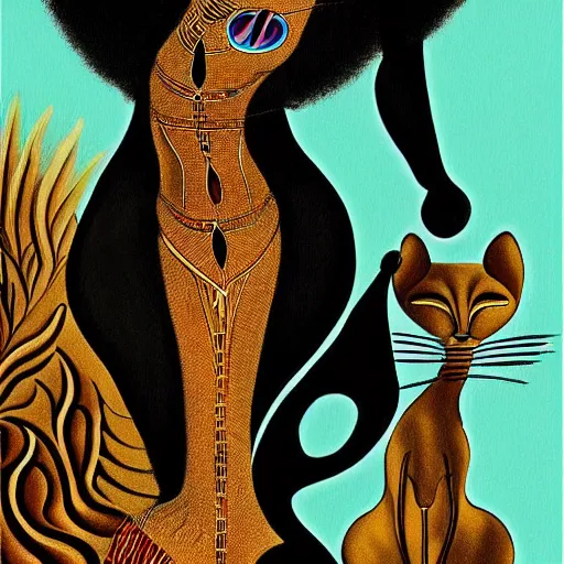 Image similar to a brown skinned black woman, with two cats, elegant, intricate, digital painting, smooth, sharp focus, illustration, salvador dali, ancient egypt, art deco, garden, diamonds