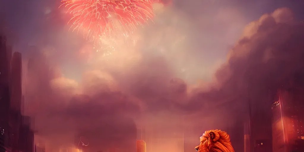 Prompt: Singapore city with a lion-shaped cloud in the sky and fireworks in the sky, by Charlie bowater, red and white lighting, digital art, ultra realistic, ultra detailed, photorealistic, 4k, character concept