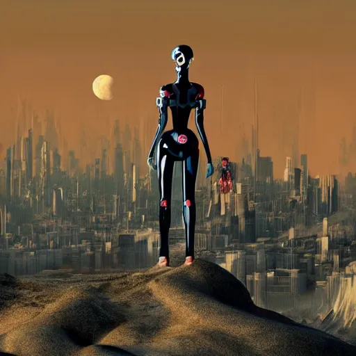 Image similar to A cyborg lady with her cat standing on her shoulders, standing on a cliff looking down at a futuristic city, with the atmosphere colored pale red, with dust particles and grains of wind blowing, and the moon is closely seen in the sky.