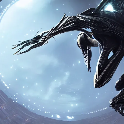 Prompt: worm's eye view from the floor, looking up, at a highly detailed 300 foot tall beautiful majestic stunning female warframe, posing elegantly over you, massive legs towering over you, matte black armor and silver accents, sleek glowing armor, sharp detailed claws, hip and leg shot, high quality fanart, epic shot, highly detailed art, realistic, professional digital art, high end digital art, captura, furry art, anthro art, DeviantArt, artstation, Furaffinity, 8k HD render, epic lighting