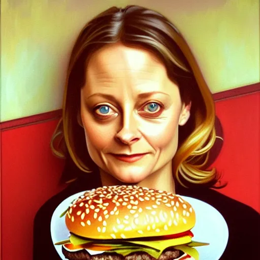 Image similar to oil painting of jodie foster with her big mac hamburgers, intricate, elegant, highly detailed, lighting, painting, artstation, smooth, illustration, art by greg rutowski and alphonse mucha