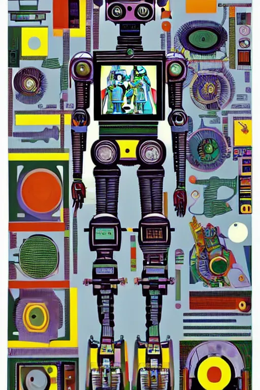 Image similar to a diagram of a robot body with various parts, cyberpunk art by eduardo paolozzi, behance contest winner, computer art, greeble, steampunk, poster art, james turrell, robert rauschenberg, andy warhol, pop art, czechoslovakia, surrealism, milton glaser, graphic design