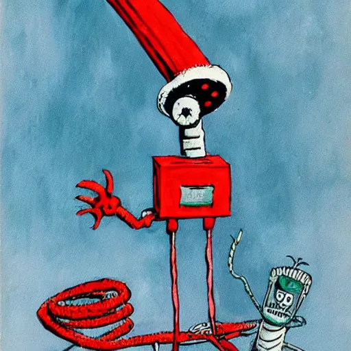 Prompt: painting of a robot by dr seuss | horror themed | creepy