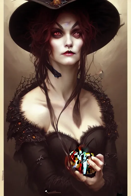 Prompt: halloween witch woman in a hat, fantasy magic, undercut hairstyle, intricate, elegant, sharp focus, illustration, highly detailed, digital painting, concept art, matte, art by wlop and artgerm and greg rutkowski and alphonse mucha, masterpiece