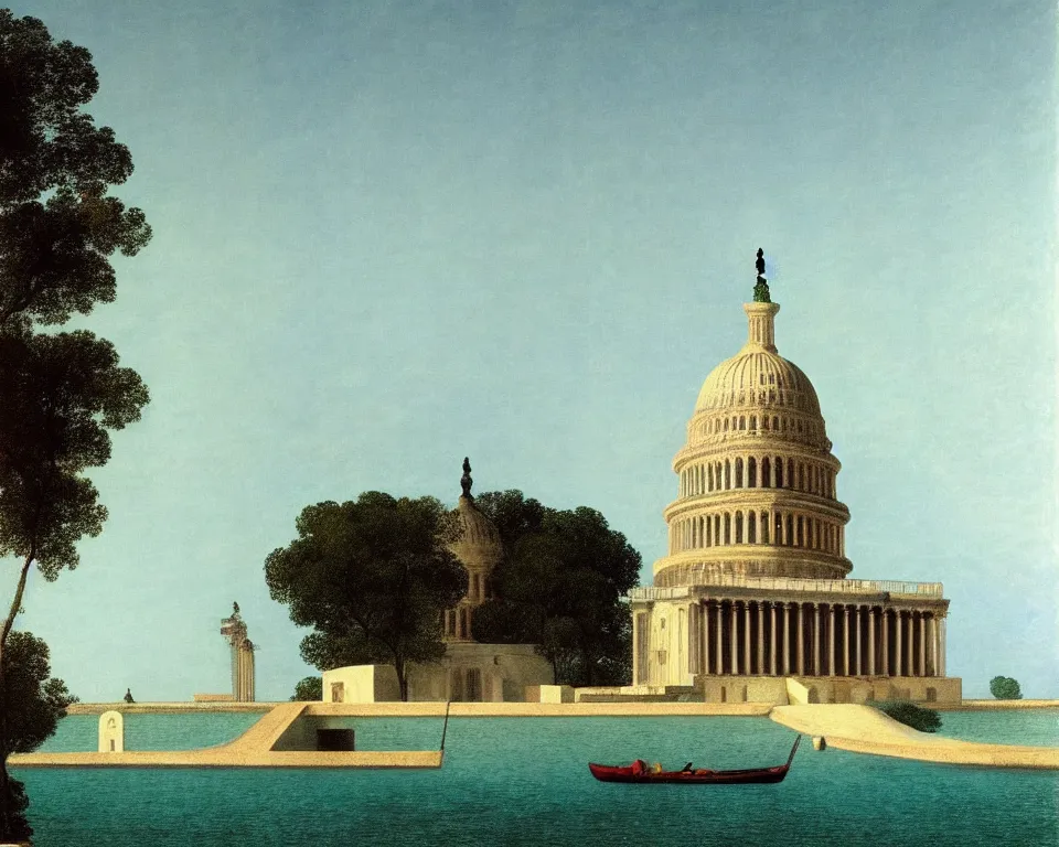Image similar to an achingly beautiful print of a ruined U.S. Capitol in the Maldives by Raphael, Hopper, and Rene Magritte. detailed, romantic, enchanting, trending on artstation.