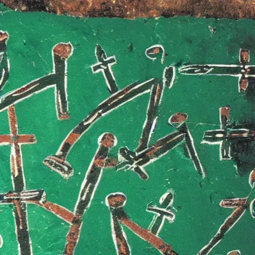 Image similar to green cave painting of crosses and ufos