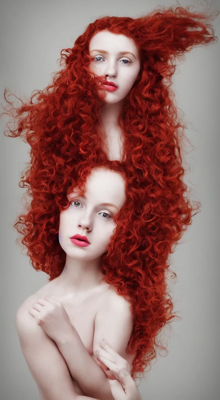 Prompt: a photo portrait of a beautiful girl with red long curly hair by Flora Borsi, soft indoor lighting, pastel colors scheme, fine art photography