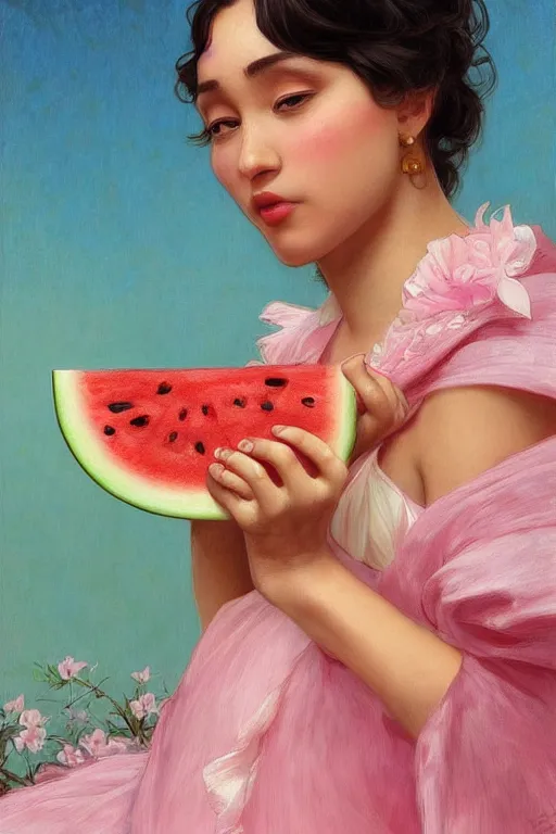 Image similar to beautiful cottagecore doja cat eating watermelon, intricate, elegant. the background is pink !. highly detailed, digital painting, artstation, concept art, smooth, sharp, focus, illustration. . art by artgerm and greg rutkowski and alphonse mucha