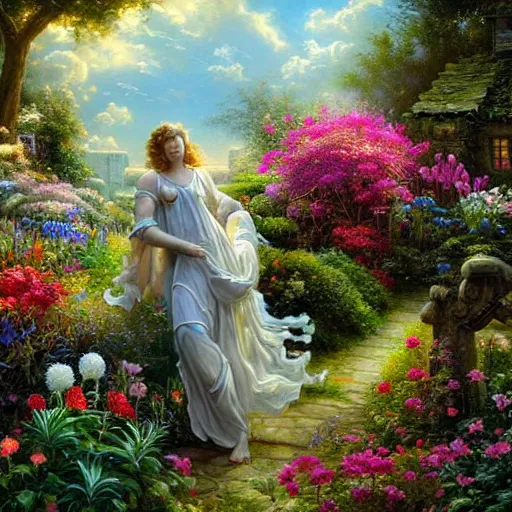 Prompt: a majestic male angel with large wings covered in plants and flowers standing in front of a beautiful cottage, an oil painting by ross tran and thomas kincade