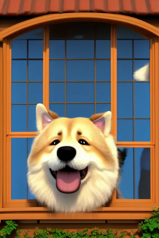 Image similar to happy finnish lapphund dog wearing a crown at house window. pixar disney 4 k 3 d render funny animation movie oscar winning trending on artstation