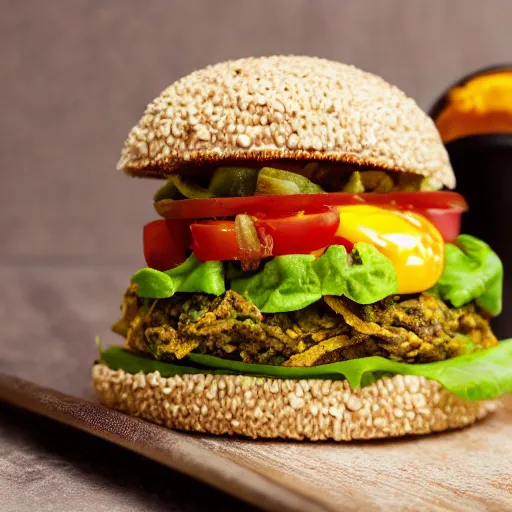 Image similar to vegan hamburger guacamole and crispy fried onion and fried egg toppings, crispy buns, 8 k resolution, studio lighting, sharp focus, hyper - detailed