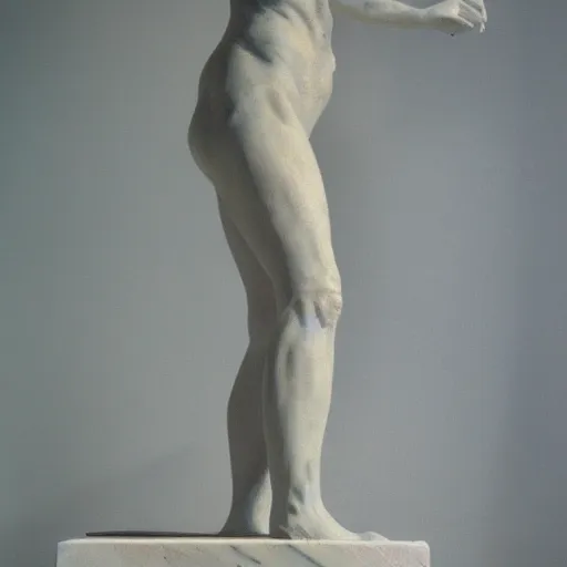 Image similar to impressionist painting of a statue of s a broken block of marble walking up the stairs, side view, white background
