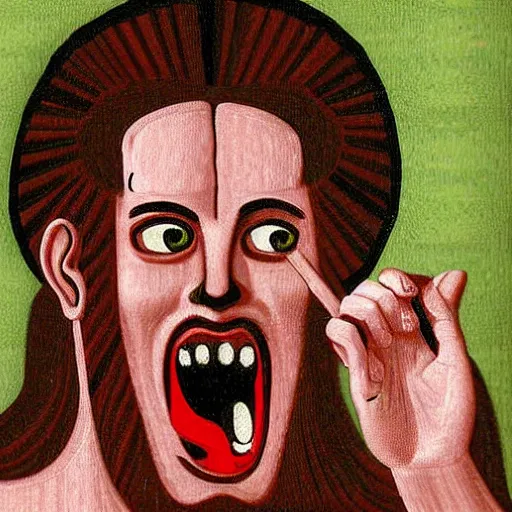 Image similar to portrait of ancient greek idiot yawning with big eyes and sharp nose. fine detail. artistic painting by lurid