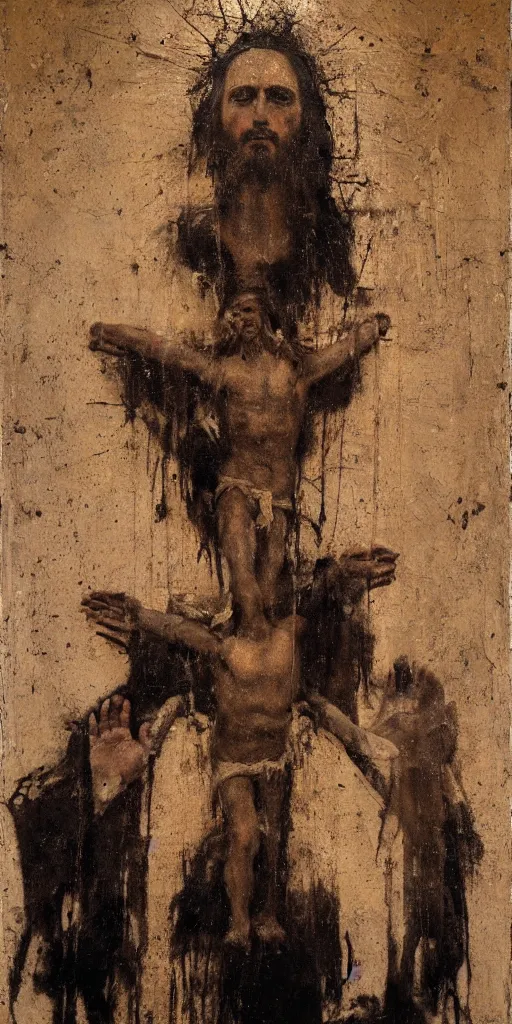 Image similar to jesus christ on the cross, by nicola samori, painting, 8 k, high detail