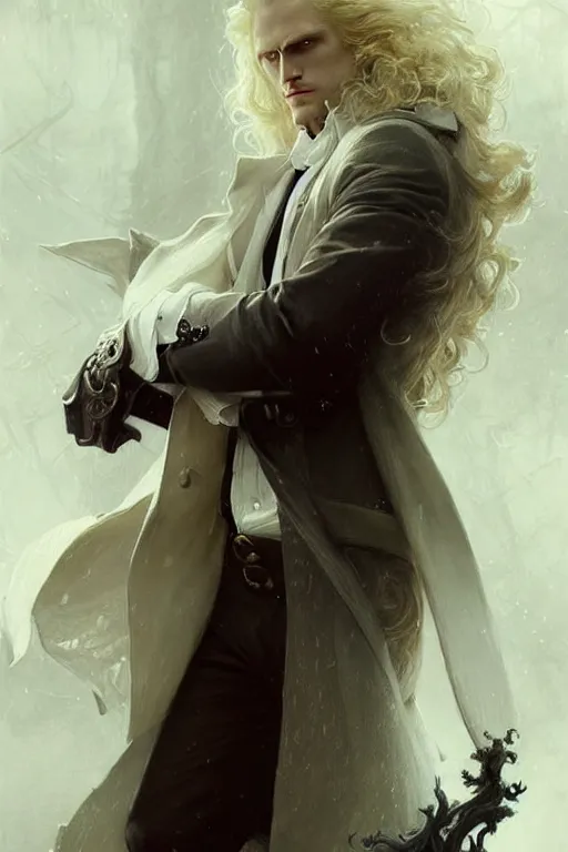 Image similar to the pale blond johan liebert mixed with alucard picture by Greg Rutkowski, very very very very long blond curly hair, baroque curls, dynamic pose, matte painting, intricate, z brush, fantasy concept art, elegant, by Stanley Artgerm Lau, WLOP, golden ratio, thomas kindkade, alphonse mucha, loish, Peter chung, norman Rockwell,