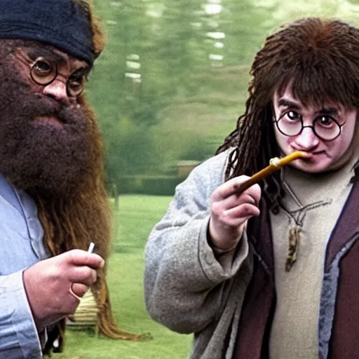 Image similar to harry potter smoking a blunt with hagrid outside hogwarts