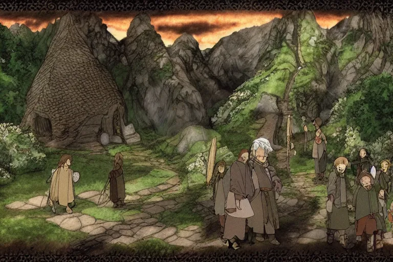 Prompt: tonemapped the fellowship of the ring!! by studio ghibli,