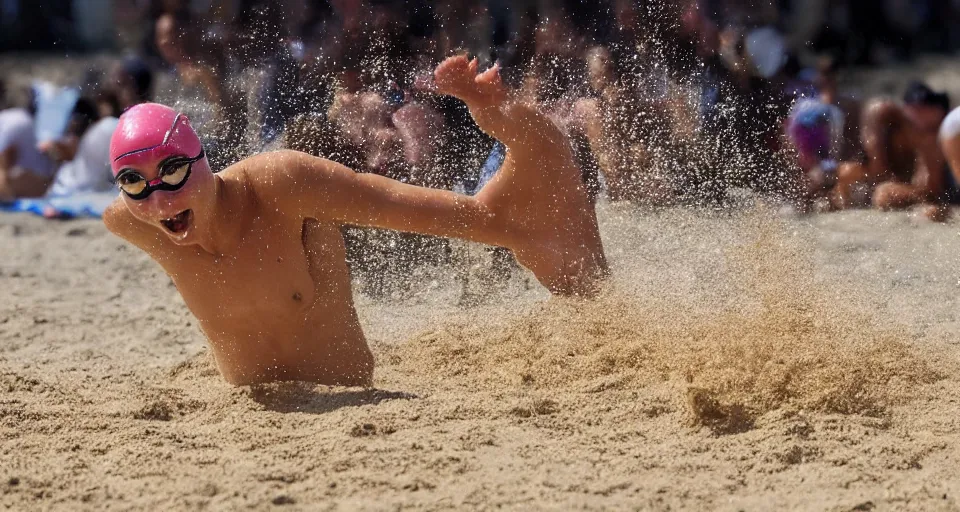 Prompt: championship swimming in sand instead of water, extremely coherent, motion blur