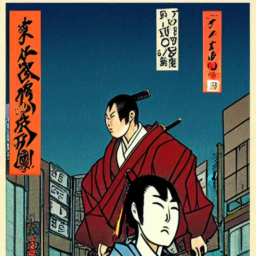 Image similar to glossy old advertising poster, samurai!!! walking through crowded tokyo street, vendors, drawn comic by junji ito, pastels, gradient