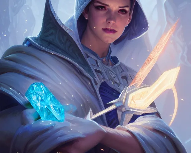 Image similar to mage casting ice bolt, deep focus, d & d, fantasy, intricate, elegant, highly detailed, digital painting, artstation, concept art, matte, sharp focus, illustration, hearthstone, art by artgerm and greg rutkowski and alphonse mucha