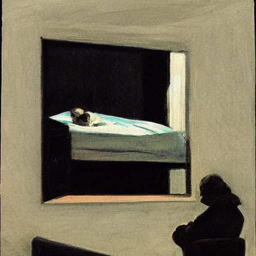 Prompt: a stable diffusion user refusing to sleep even though he can ’ t feel his eyes. in the style of regret and edward hopper. goodnight dreamers 👋💤.