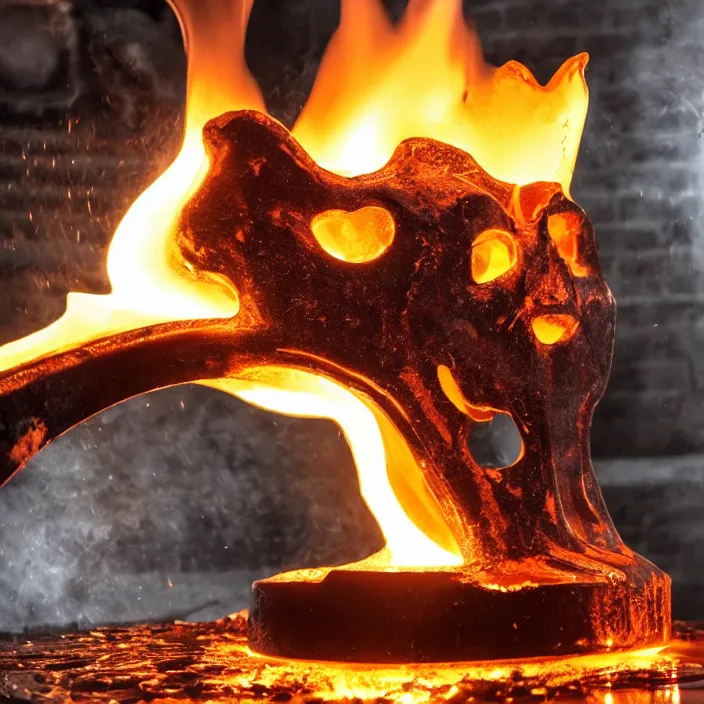 Image similar to wide angle shot of glowing flowing molten iron being poured into a mold in the shape of a punisher skull emblem. background is firey foundry. detailed, high art, intricate, artisan