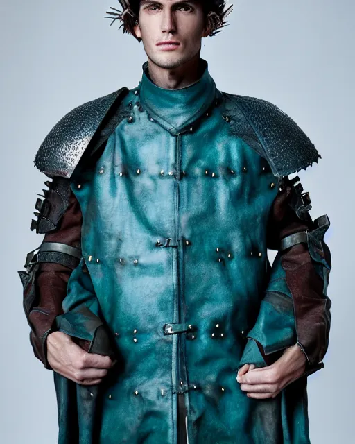 Prompt: an award - winning photo of a male model wearing a baggy teal distressed medieval menswear moto jacket inspired by medieval armour designed by issey miyake, 4 k, studio lighting, wide angle lens