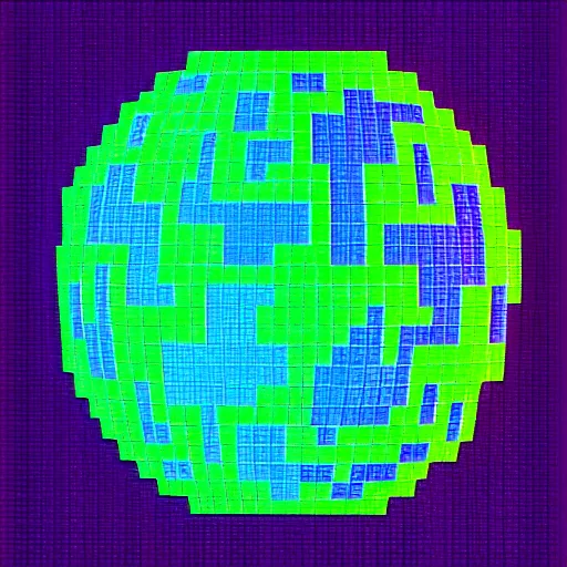 Image similar to pixel art of a violet luminescent sphere on a black void plane