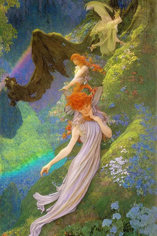 Prompt: a beautiful faerie wearing a silk dress, in a lord of the rings scenery landscape, detailed, rainbowshift, by maxfield parrish, alphonse mucha, brian froud
