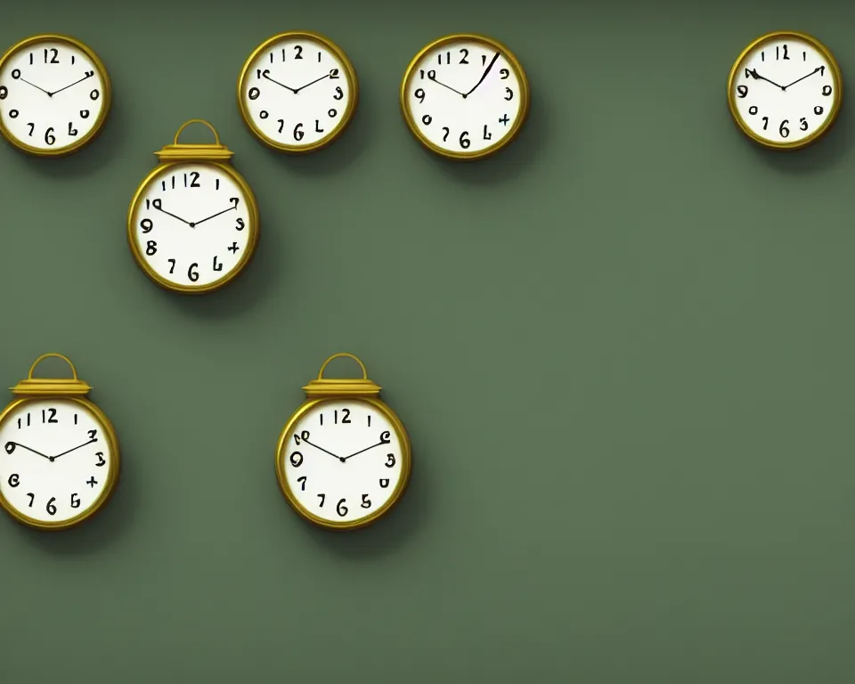 Image similar to an achingly beautiful print of modern gold clocks on a dark green wall by Raphael, Hopper, and Rene Magritte. detailed, romantic, enchanting, trending on artstation.