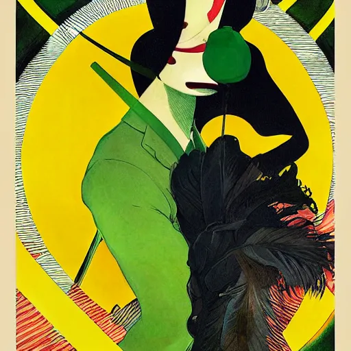 Image similar to art by joshua middleton, the yellow creeper, a tall manically smiling yellow - skinned man with green and black striped cycling shorts and wearing a long red feather boa, mucha, kandinsky, poster, comic art, stylised design