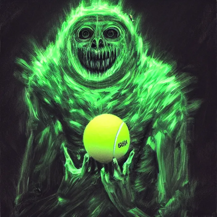 Image similar to cinematic portrait of a tennis ball monster in the abyss of space, chalk, masterpiece, trending on artstation, featured on pixiv, cinematic composition, dramatic pose, beautiful lighting, sharp details, hyper-detailed, HD, HDR, 4K, 8K, art by Basil Gogos