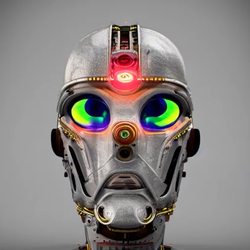 Image similar to a glossy claymodel of a dieselpunk aztec futuristic robot head with eeg probes, 8 k, front shot, symetrical, flourescent colors, halluzinogenic, multicolored, insanely detailed, 3 d render, octane