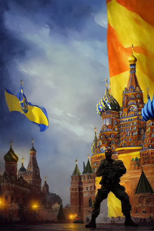 Image similar to special forces soldier installin ukrainian blue and yellow flag on red square kremlin, masculine figure, d & d, fantasy, bright atmosphere, volumetric lights, intricate, elegant, extremely detailed, digital painting, artstation, concept art, matte, smooth, sharp focus, hyper realistic, illustration, art by artgerm and greg rutkowski and alphonse mucha