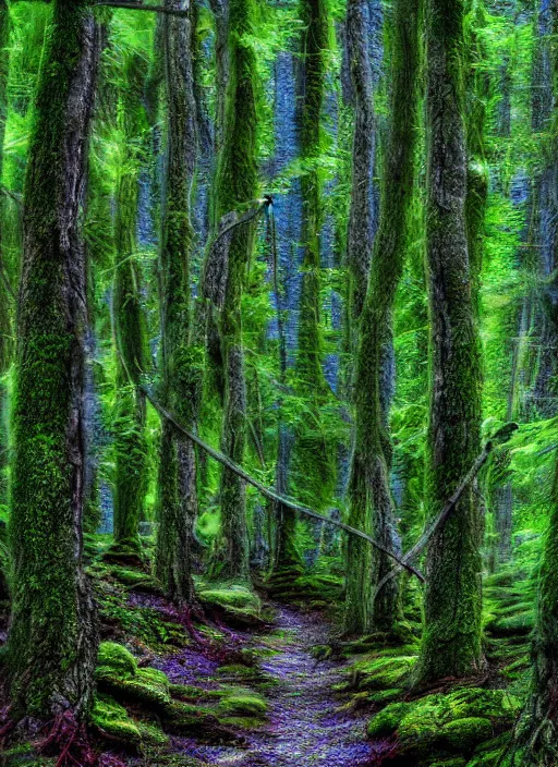 Image similar to blue wispy forest, tall trees, pipes, moss, digital art