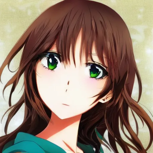 Image similar to key anime visual of a beautiful girl with brown hair and green eyes, trending on Pixiv; detailed