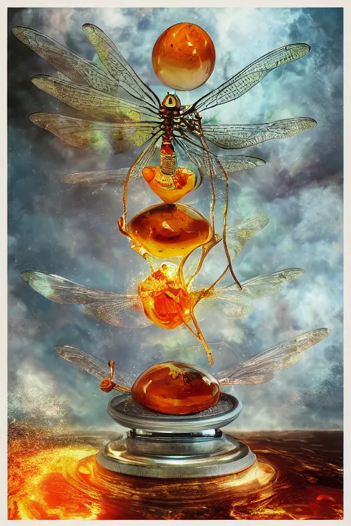 Prompt: surreal gouache painting, by yoshitaka amano, by ruan jia, by Conrad roset, by good smile company, detailed anime 3d render of big transparent amber stone with a magical eletric dragonfly inside. dragonfly inside an amber stone, amber stone on the Dj mixer portrait, cgsociety, artstation, rococo mechanical and Digital and electronic, dieselpunk atmosphere