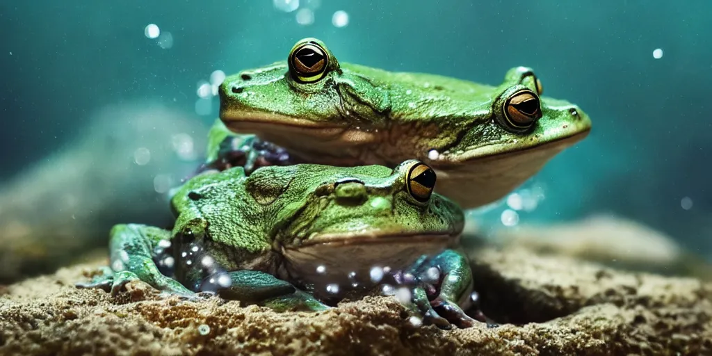 Image similar to a very intricately detailed underwater photo of a frogs cuddling. a lot of bubbles, diffracting the light. small curious fish in the background. extreme detail, artstation hq, 8 k